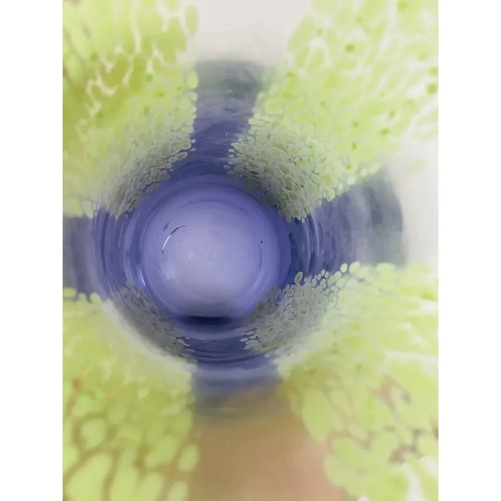 Art Glass Blown Vase 8” Blue Lime Green Splatter Speckle Stripe Wide Mouth Flare